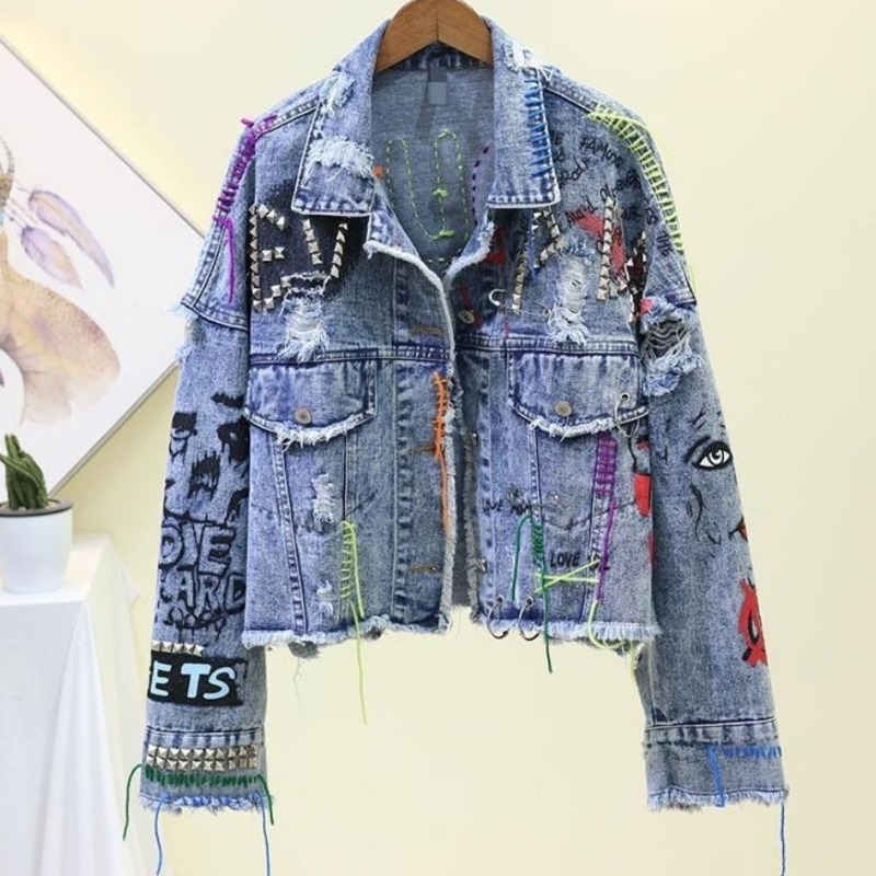 Street Fashion Graffiti - Trendy Graffiti Günlük Kot Kısa Ceket