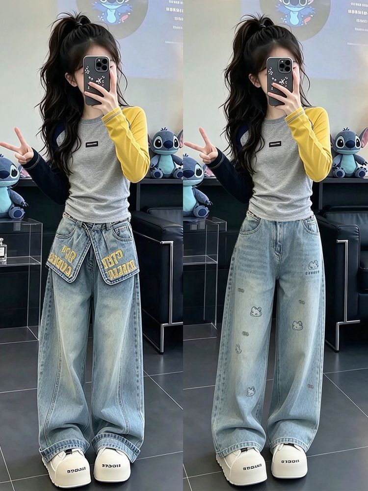 Street Fashion Korean Girl - Kız Çocukları Günlük Uzun Kollu Kot